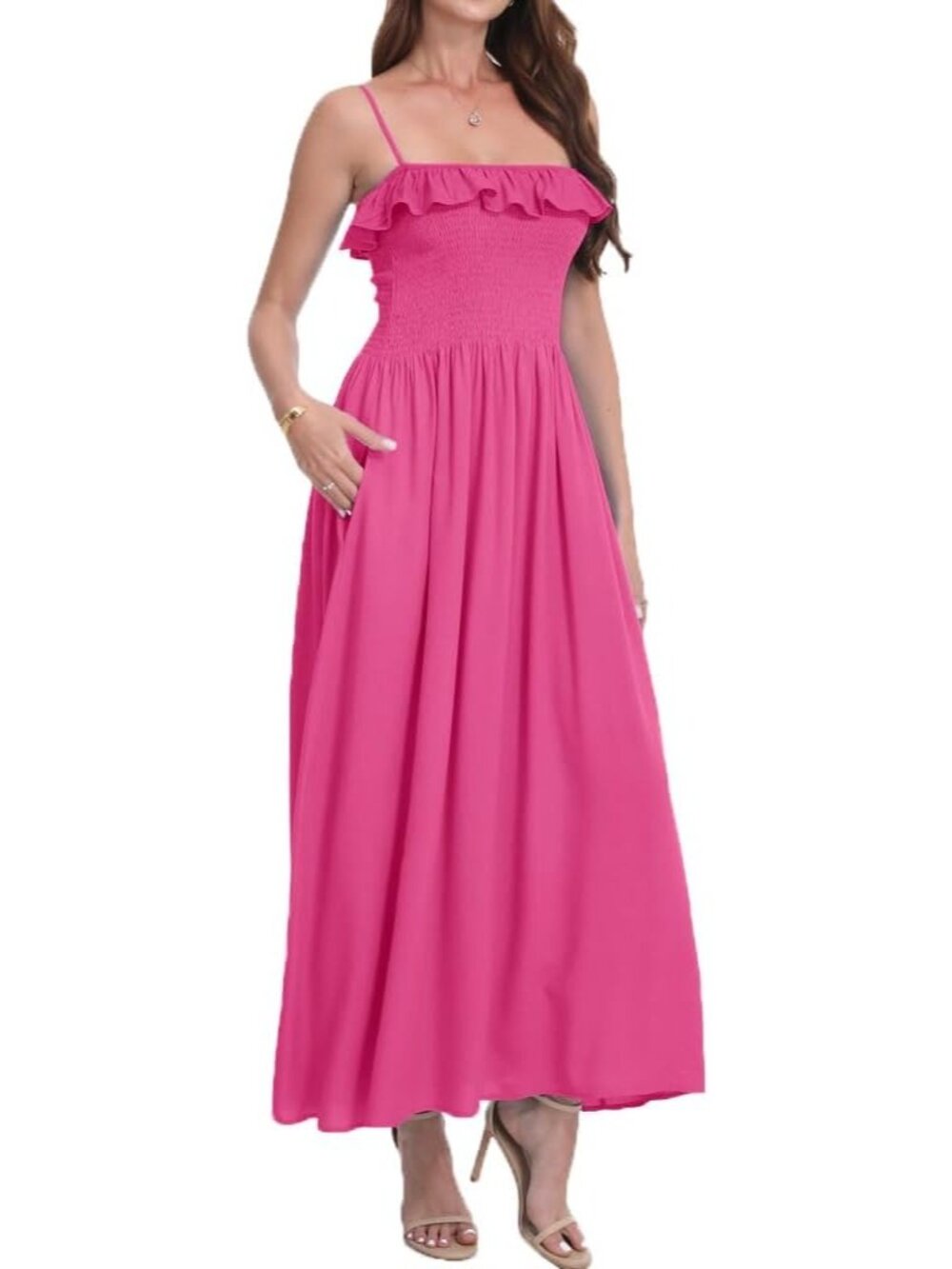 Women's Hot Pink Sleeveless Spaghetti Strap Smocked Beach  Boho Maxi Dress